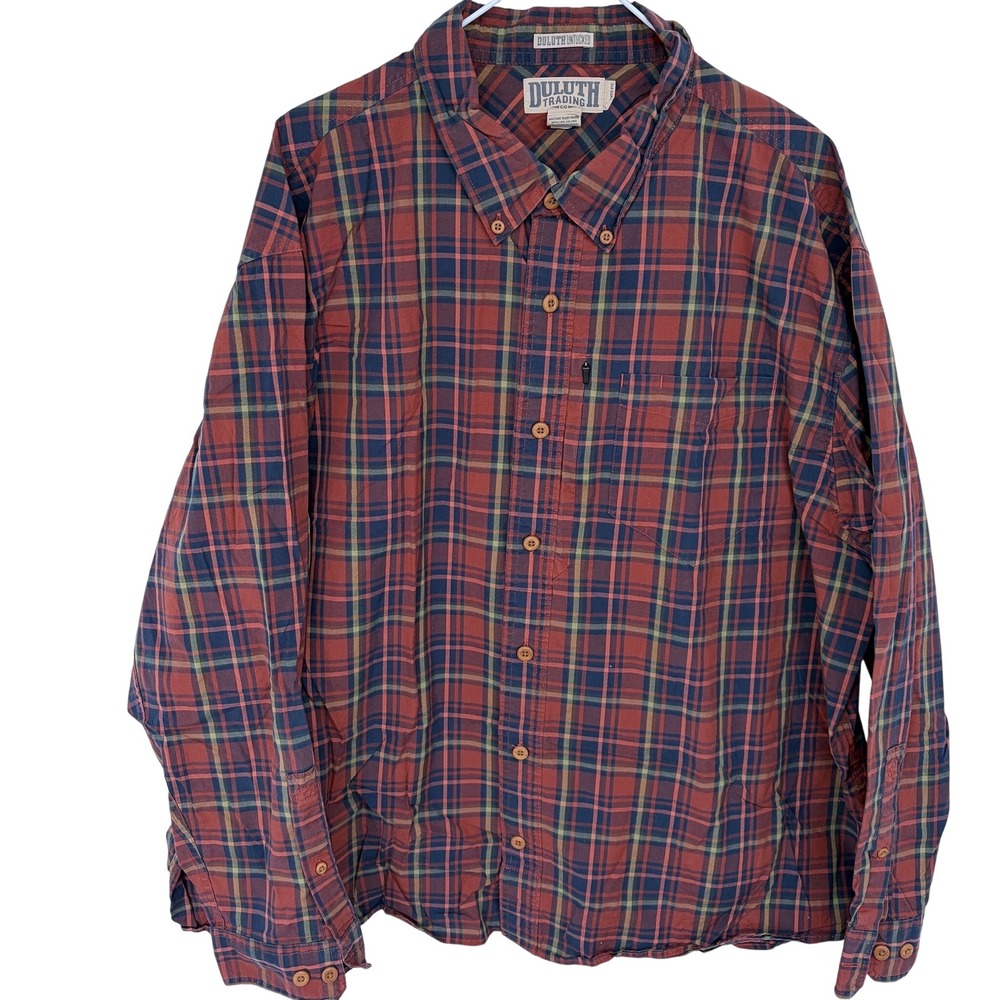 Duluth‎ Trading Untucked Long Sleeve Button Up Shirt XXL Men's Orange Blue Plaid